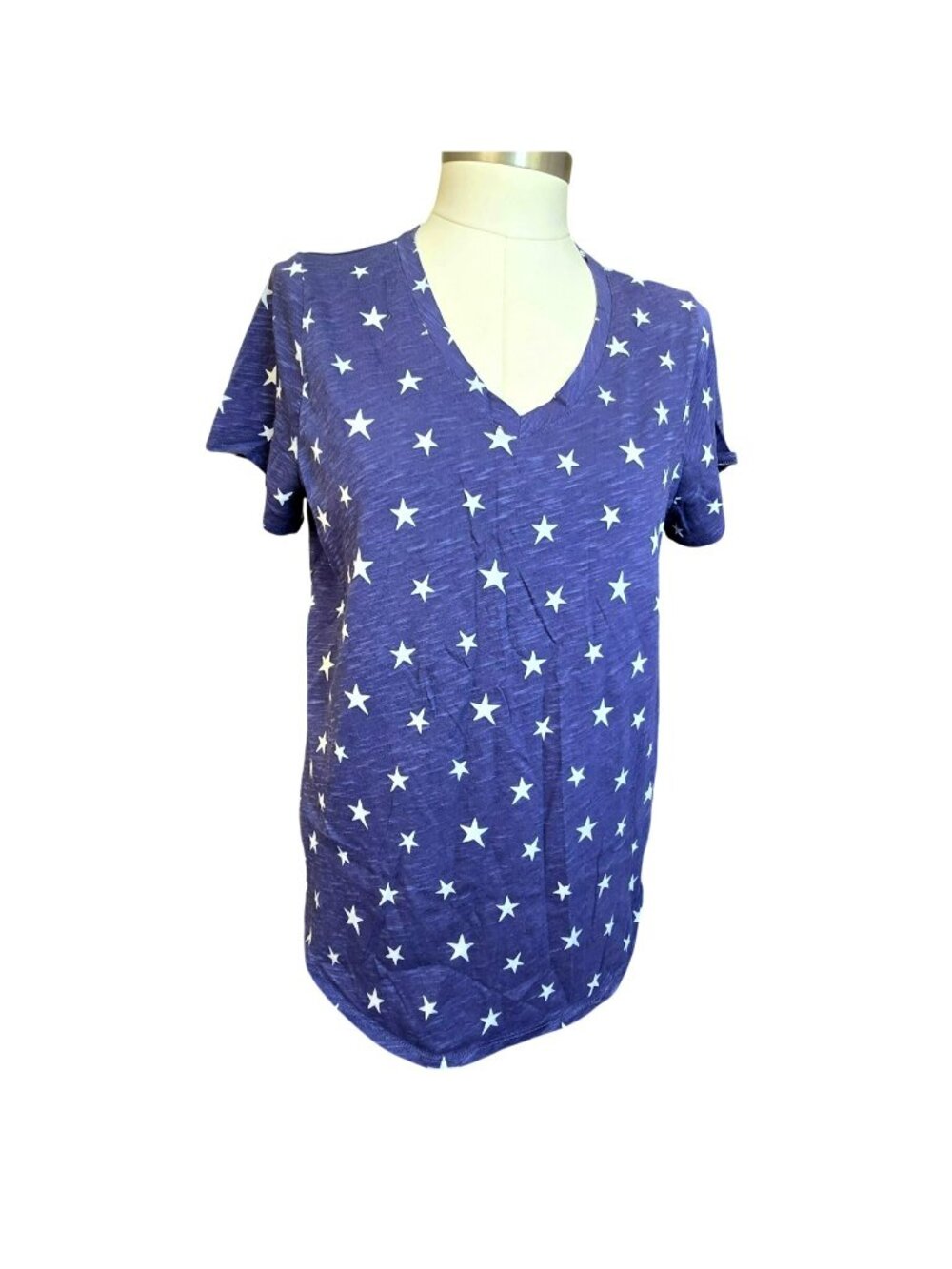 Star Print Blue V-Neck T-Shirt Cynthia Rowley Womens Short Sleeve Tee JJ4386